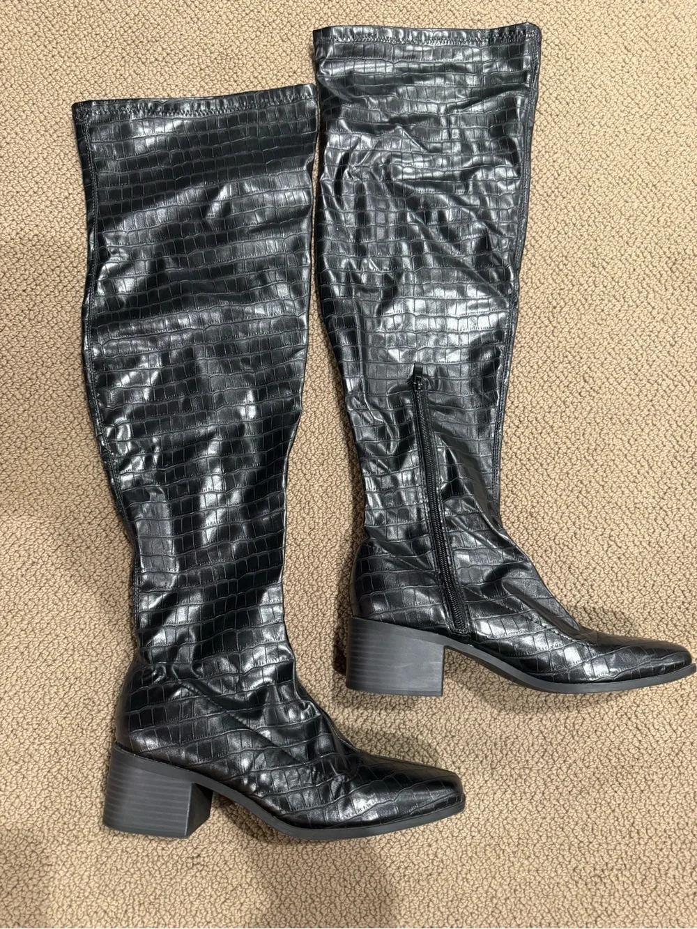 Black Croc-Embossed Knee-High Block Heel Boots